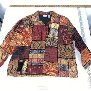 Chico's Women's Sz 1 Patchwork Boho Silk & Velvet Button Up Jacket Shirt